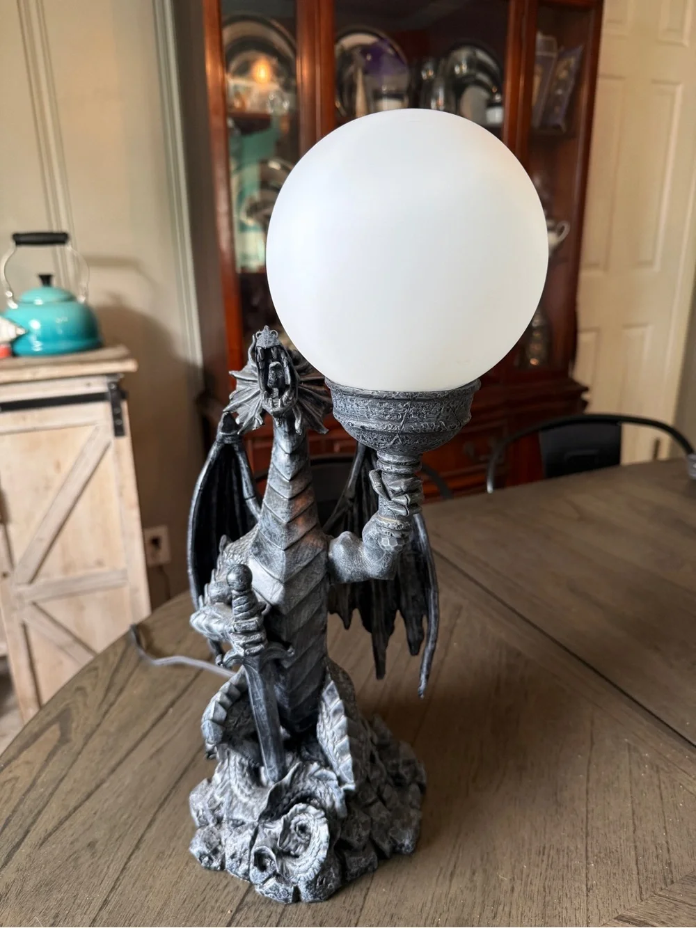 Gothic Dragon Table Lamp in Gray with Warm Globe. From early 2000's.